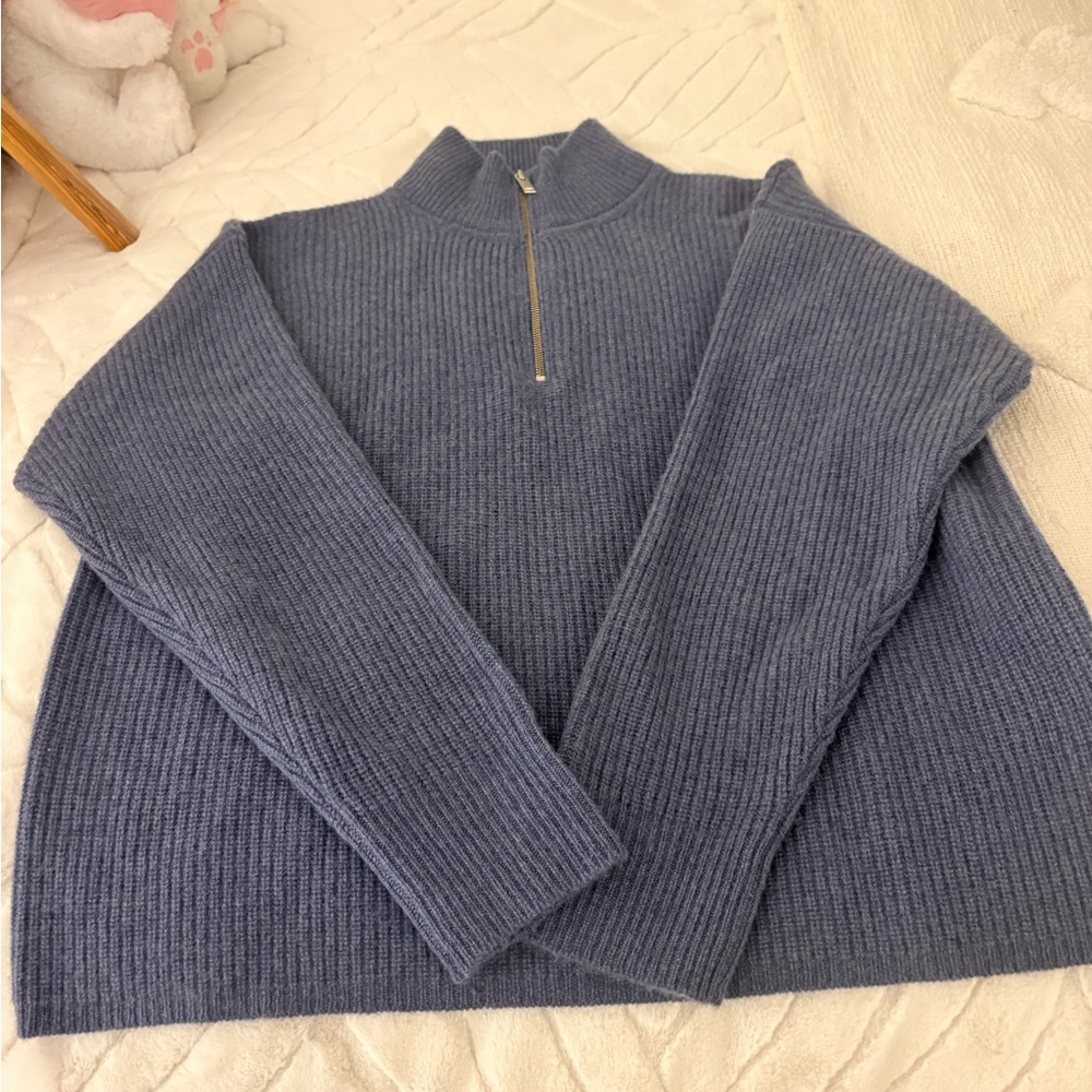 Quince Blue Mongolian Cashmere fisherman quarter Zip Sweater - Picture 2 of 5